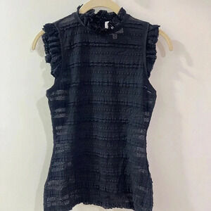 CINQ À SEPT lace Mock Neck Sleeveless Top tank blouse ruffles black high striped